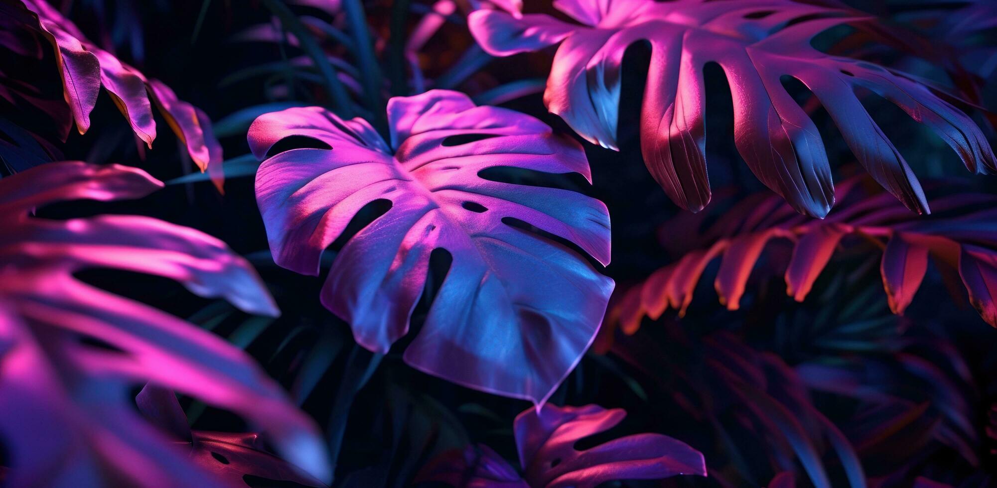 AI generated purple and pink background with tropical leaves photo