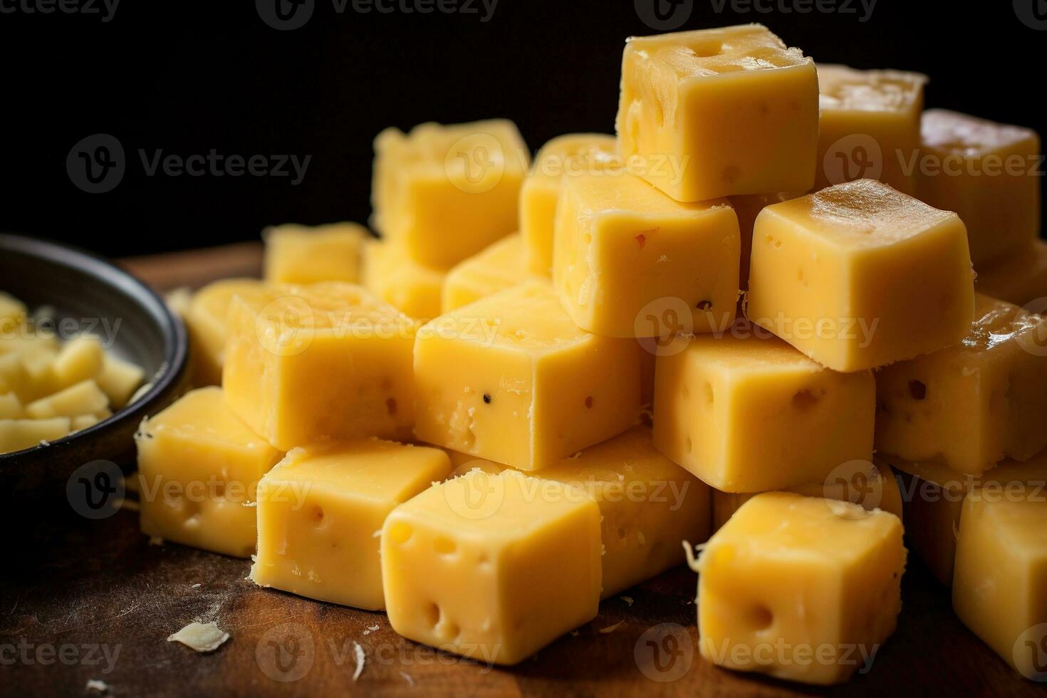 AI generated Close-up of a plate of yellow cheese cubes. photo