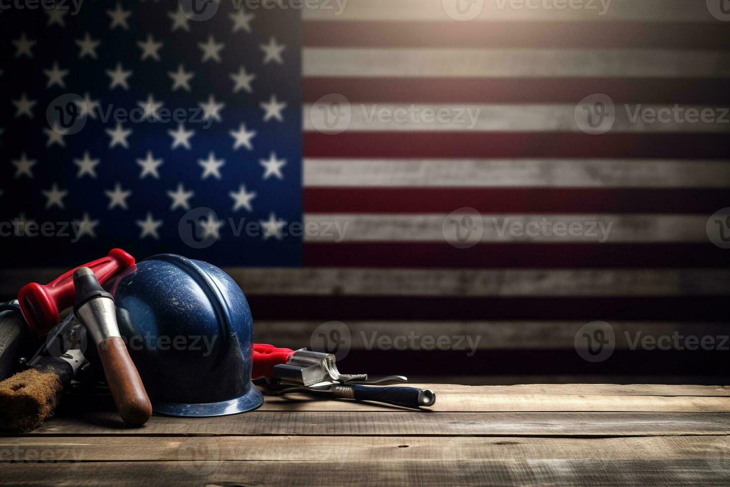 AI generated tools on a wooden table against the background of the American flag photo