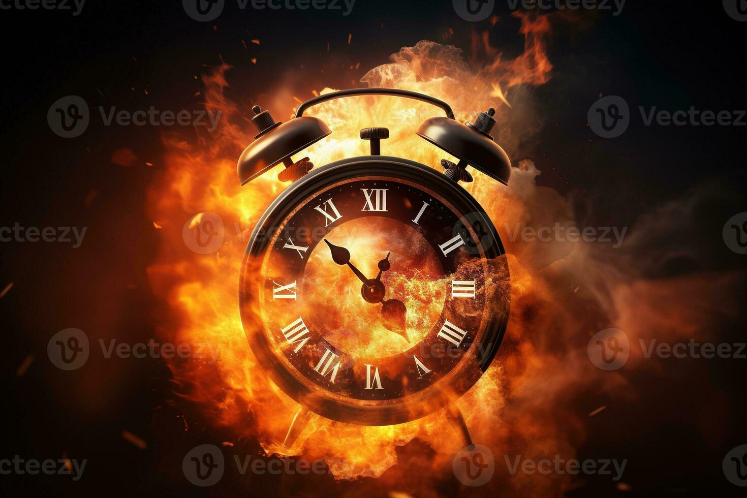 AI generated Alarm clock on fire background. Time is running out concept. photo
