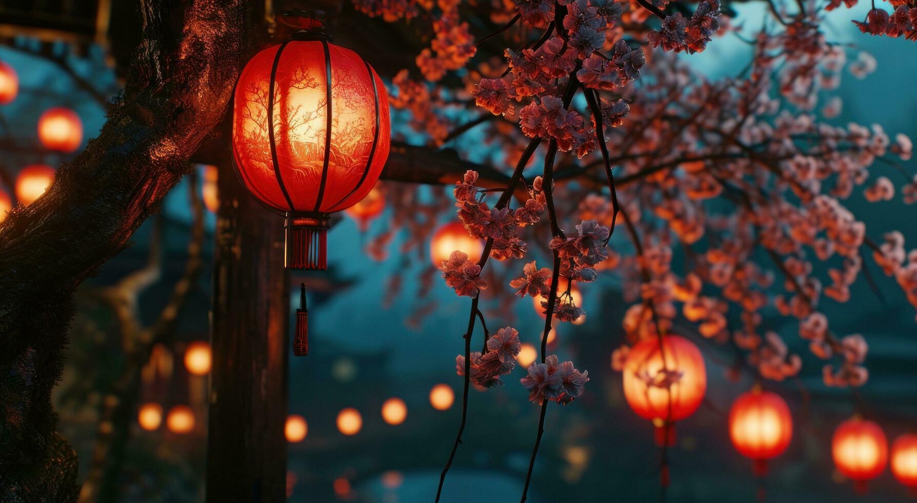 AI generated red lantern hanging from the street at night photo