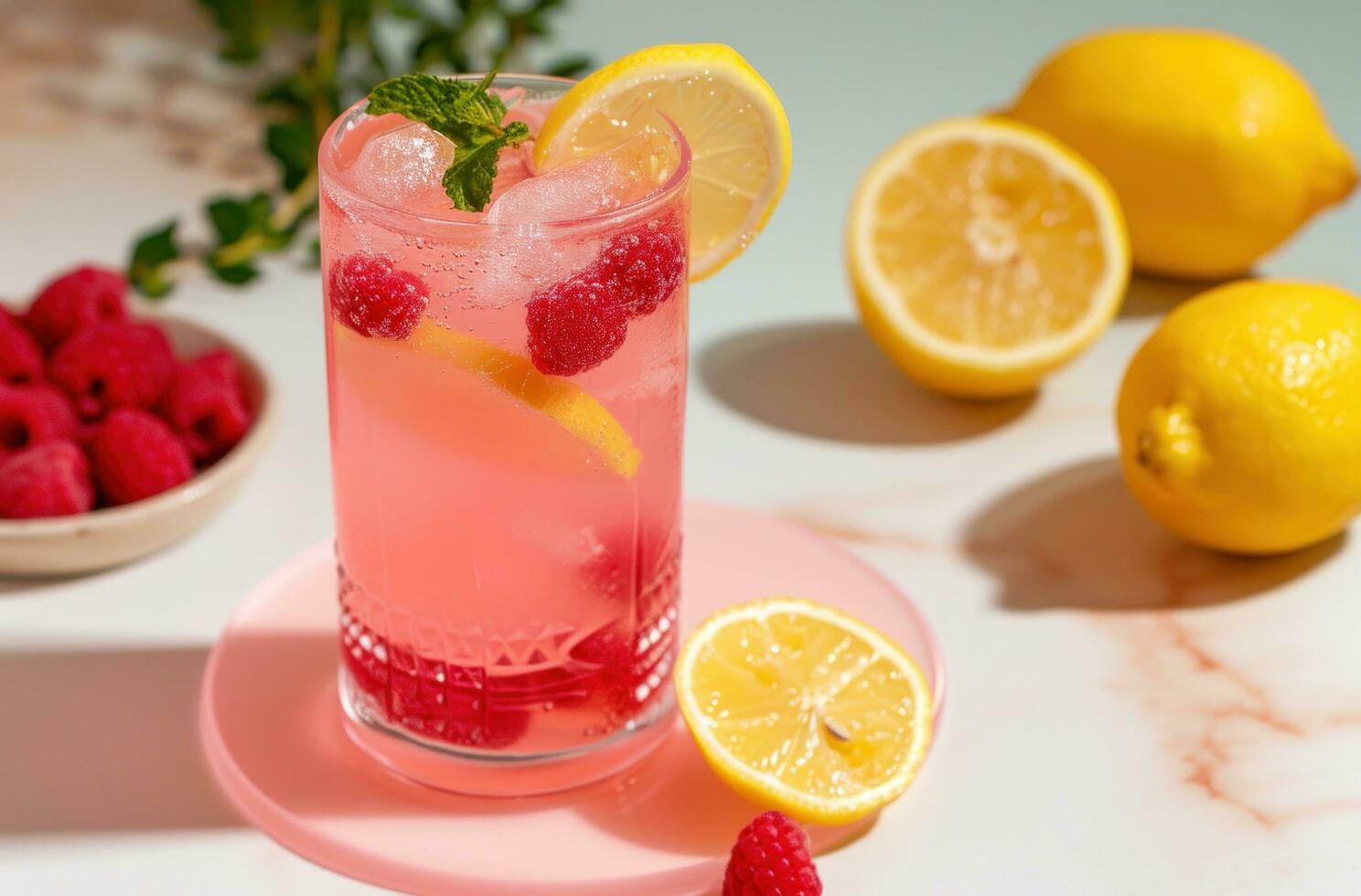 AI generated the raspberries and lemonade is garnished with lemons and raspberries photo