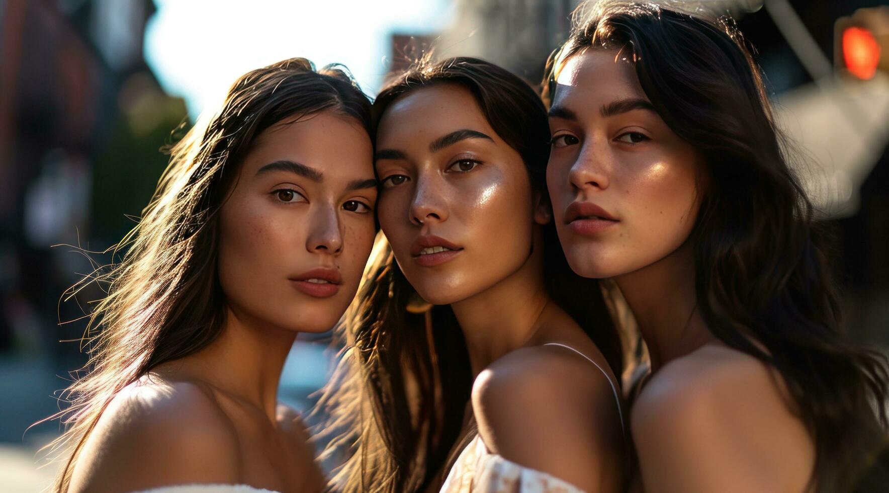 AI generated three brunette women posing in the street photo