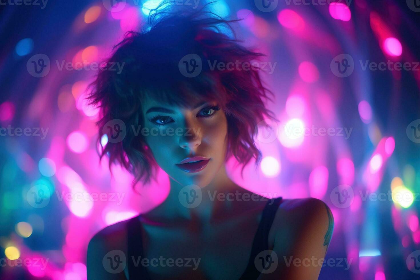 AI generated Portrait of a beautiful girl with short hair dancing in a nightclub photo