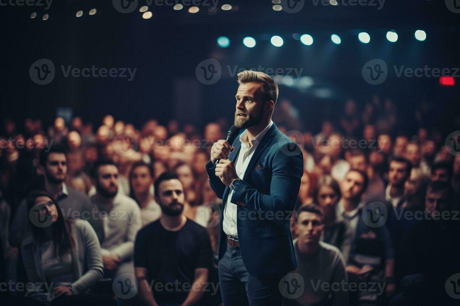 AI generated Speaker Giving a Talk at Business Conference. Audience at the conference hall. Business and Entrepreneurship. photo