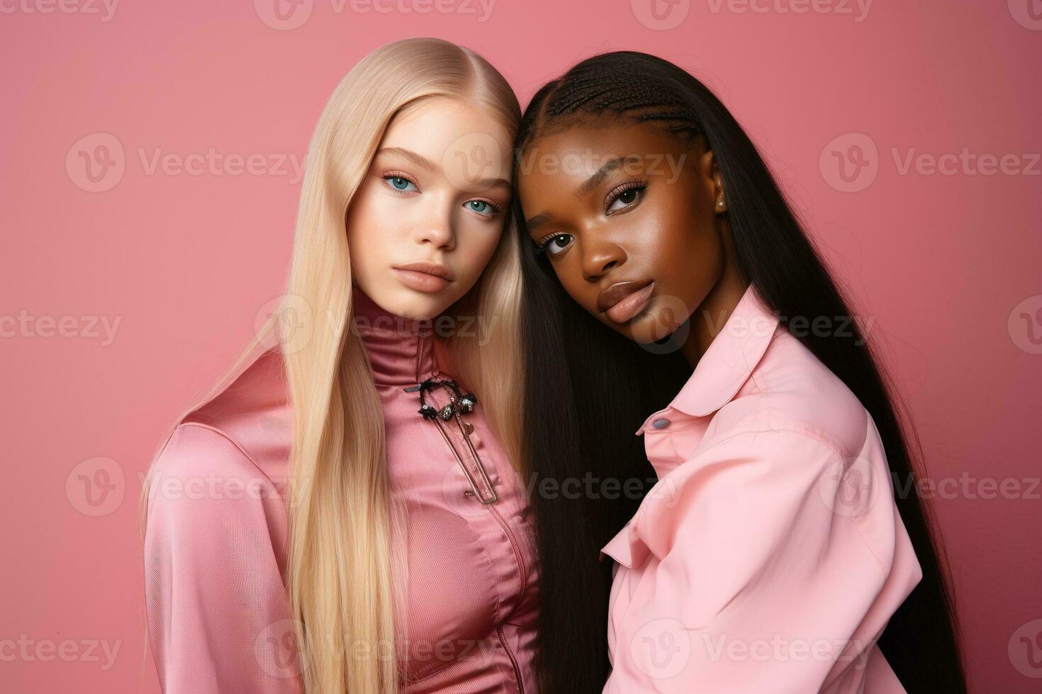 ai generado de moda dos joven multirracial mujer posando juntos aislado en rosado antecedentes foto