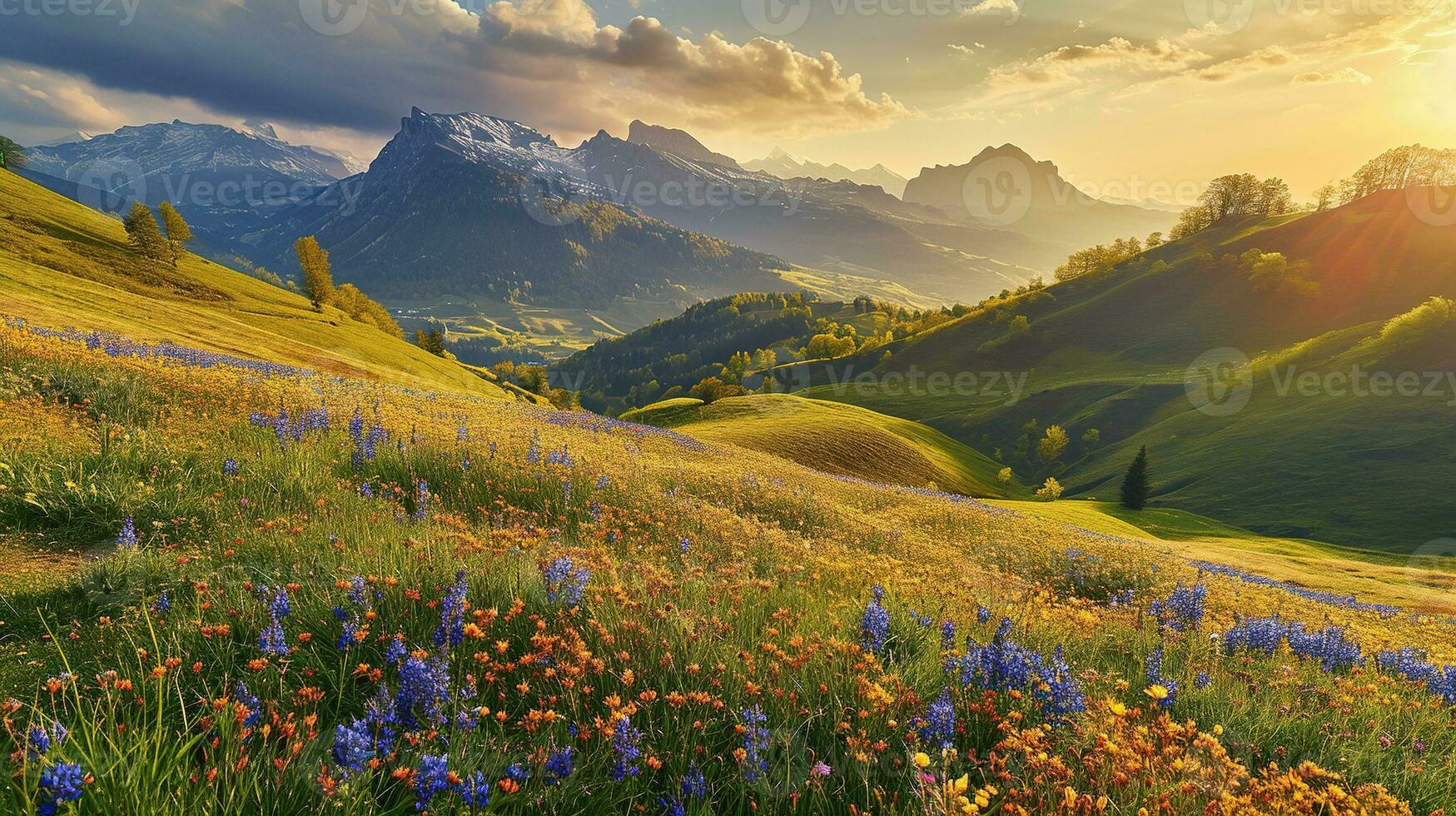 AI generated Colorful meadow with wildflowers and mountains in the background photo