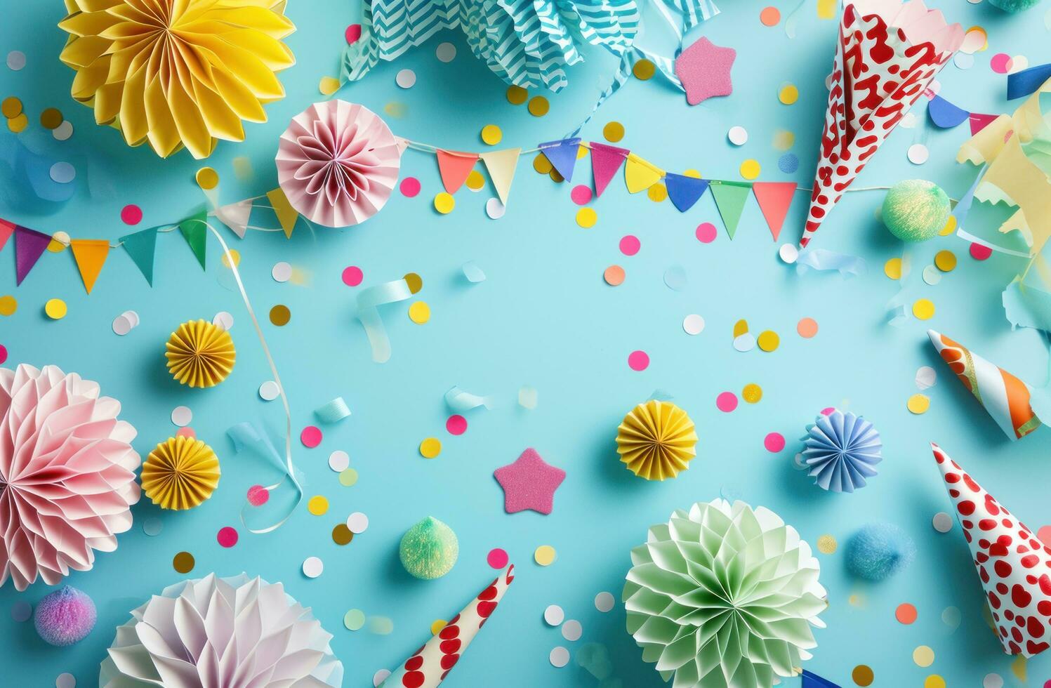 AI generated colorful party decorations on a blue background, photo