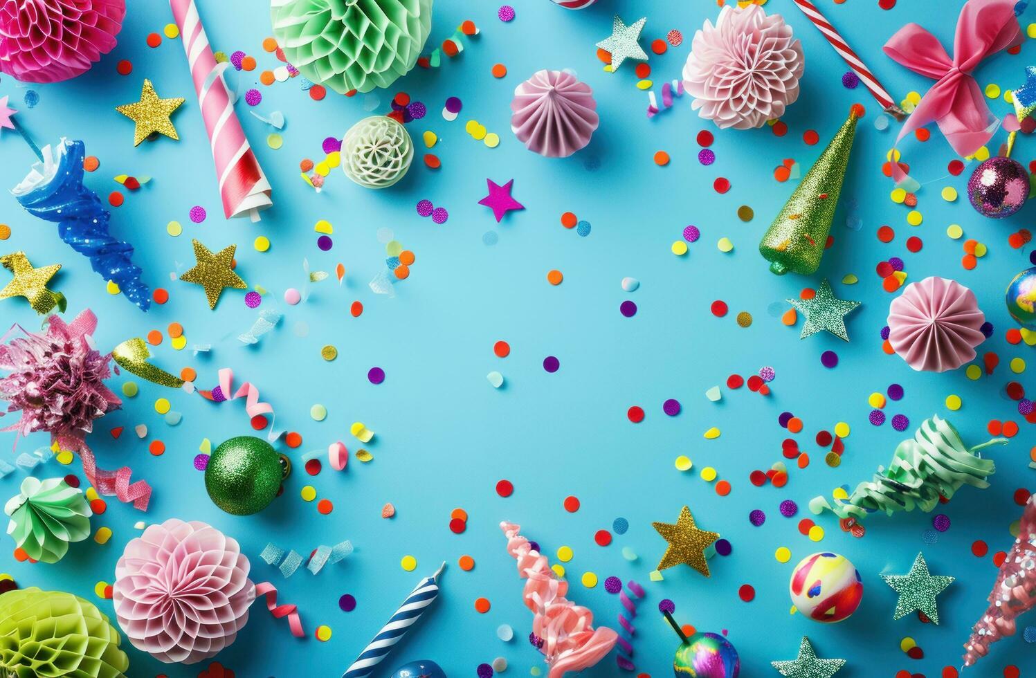 AI generated colorful party decorations on a blue background, photo