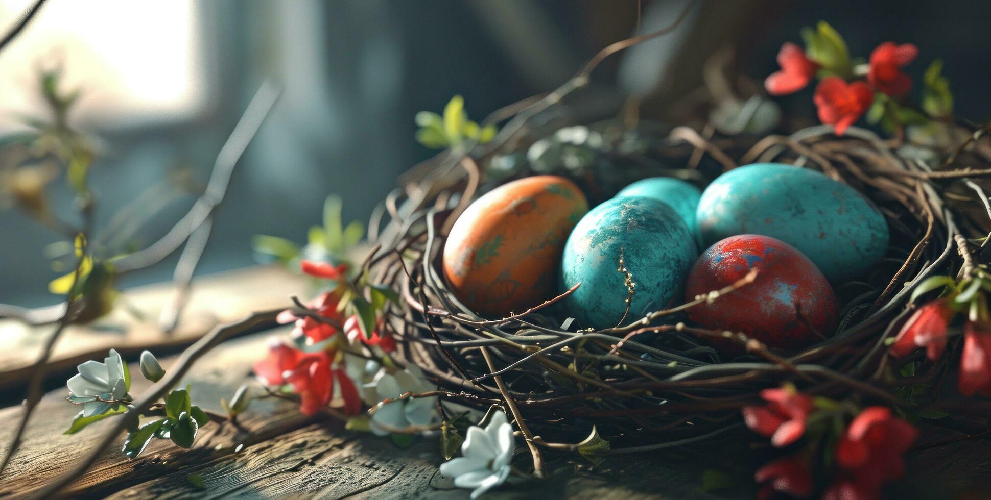 AI generated colorful easter eggs in a nest on a wooden table photo