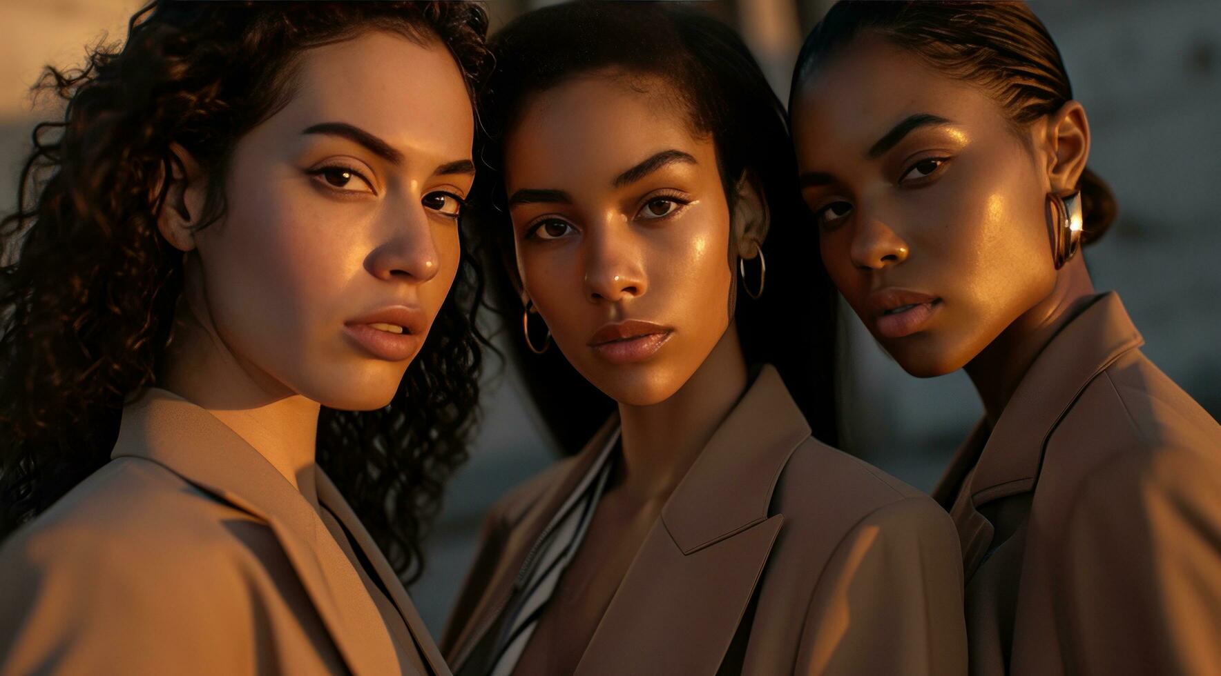 AI generated three females with brown suits look at the camera, photo