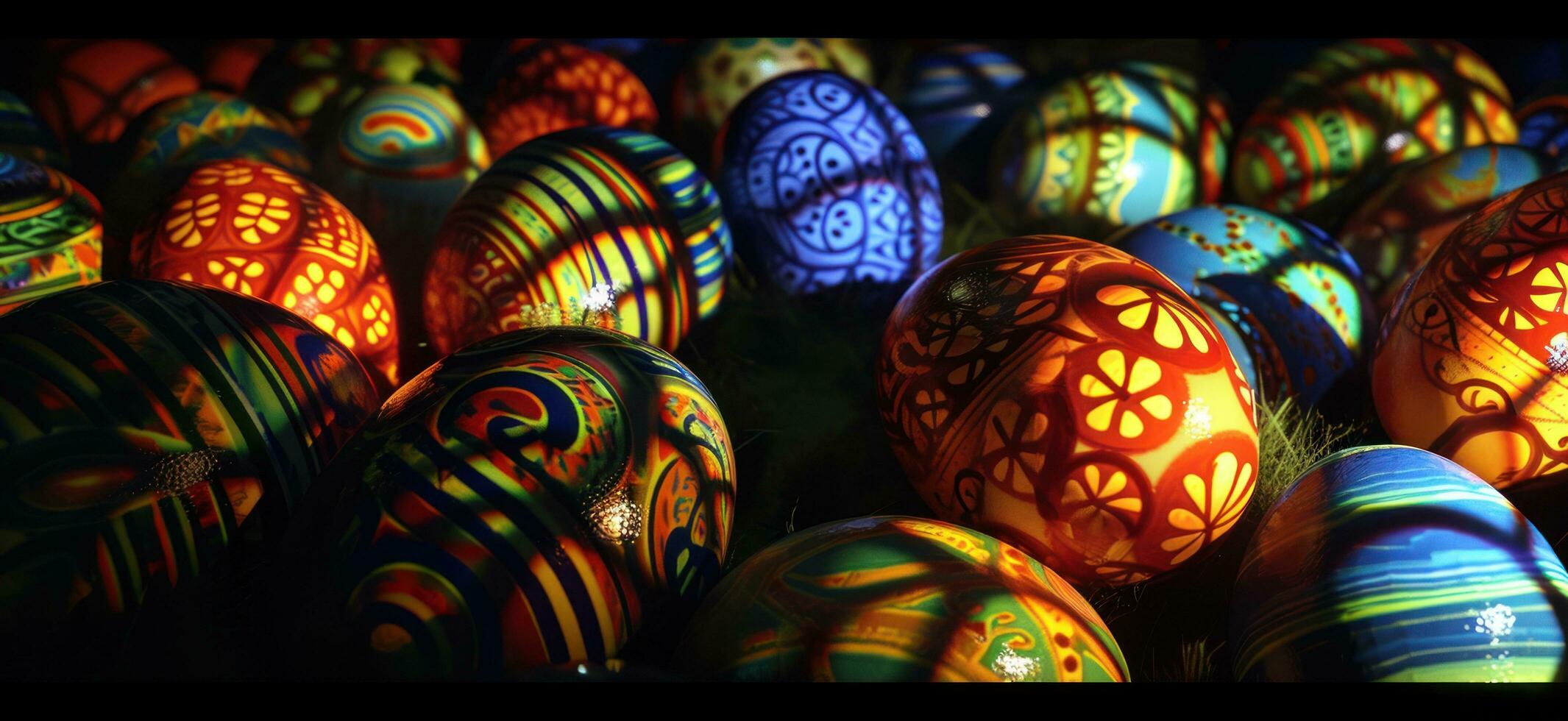 AI generated colorful painted easter eggs are shown in groupings photo