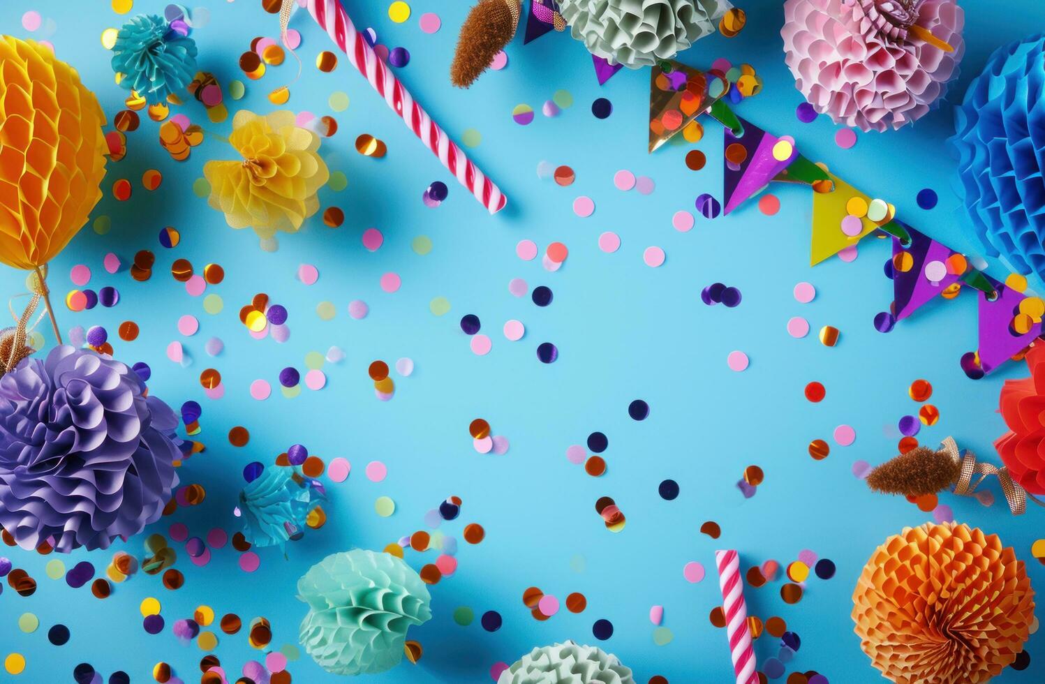 AI generated colorful party decorations on a blue background, photo