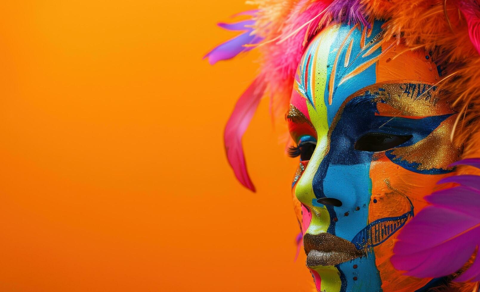 AI generated colorful mask on orange background with colorful feathers photo