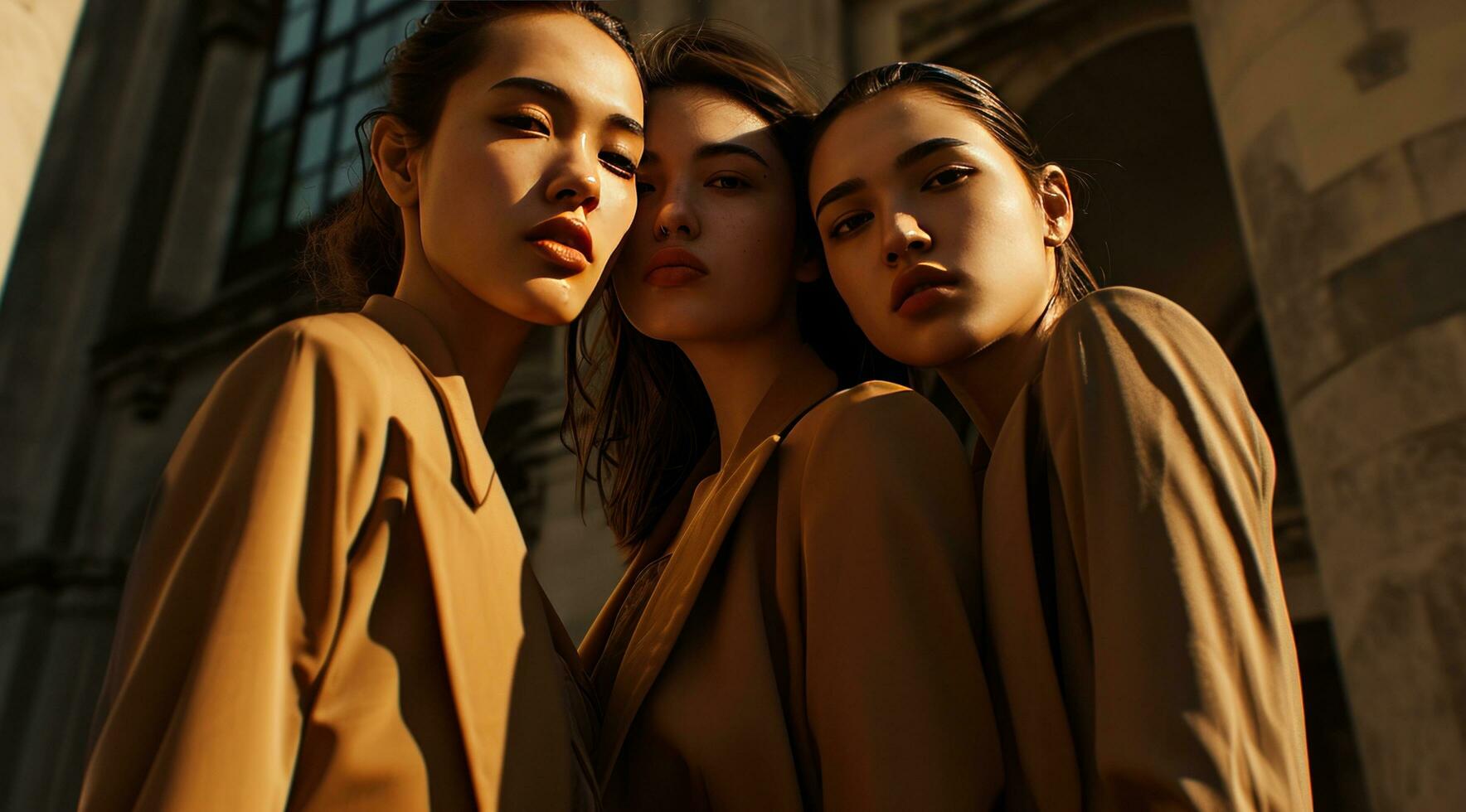 AI generated three females with brown suits look at the camera, photo