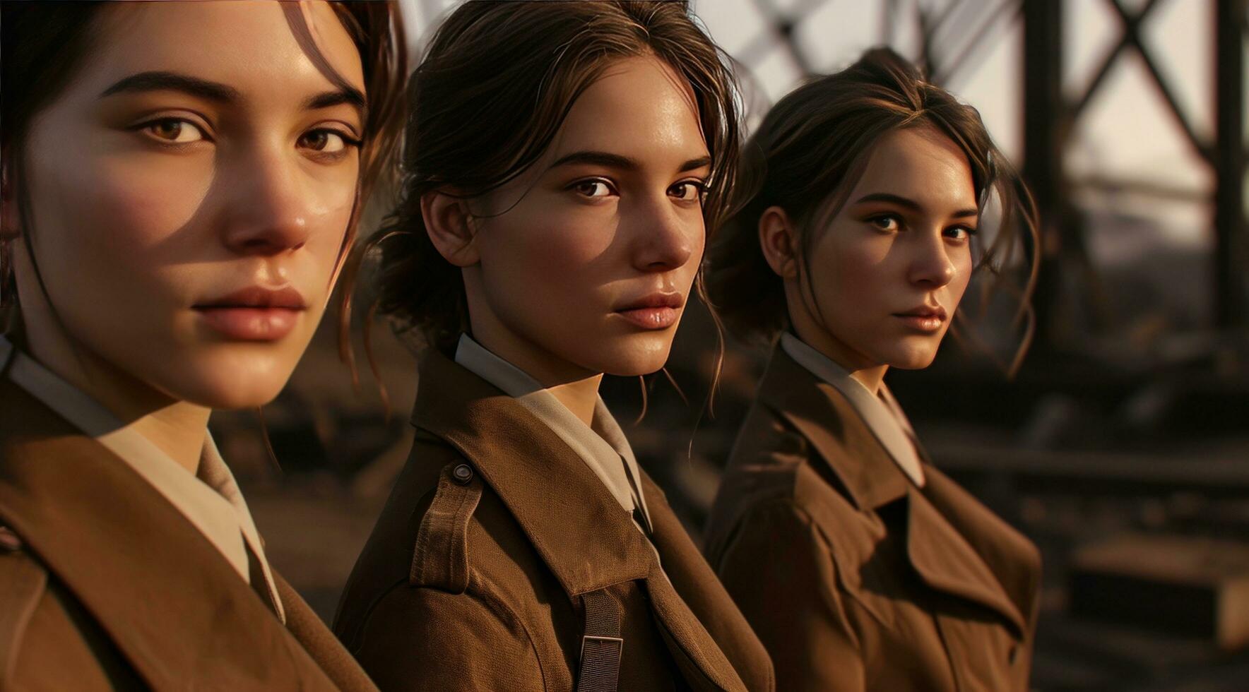AI generated three females with brown suits look at the camera, photo