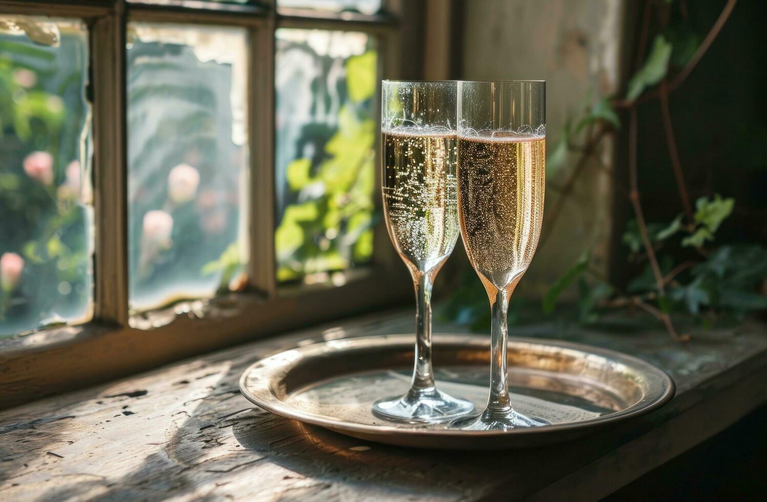 AI generated two glasses of champagne on tray by window in france wine photo