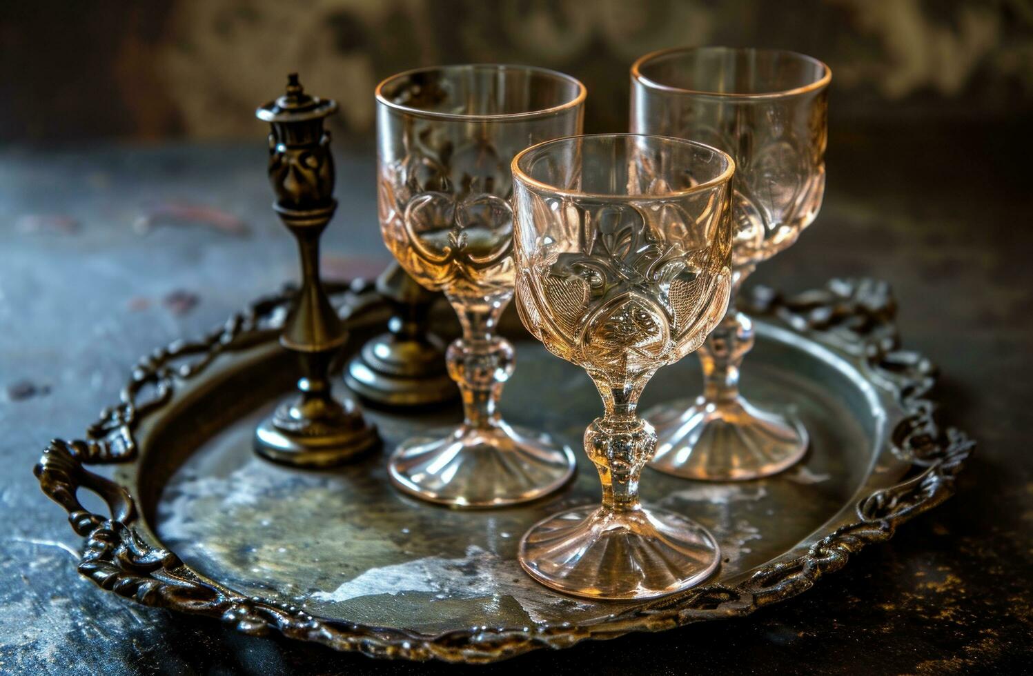AI generated three french white wine glasses with two wrought iron finials on an antique tin tray photo