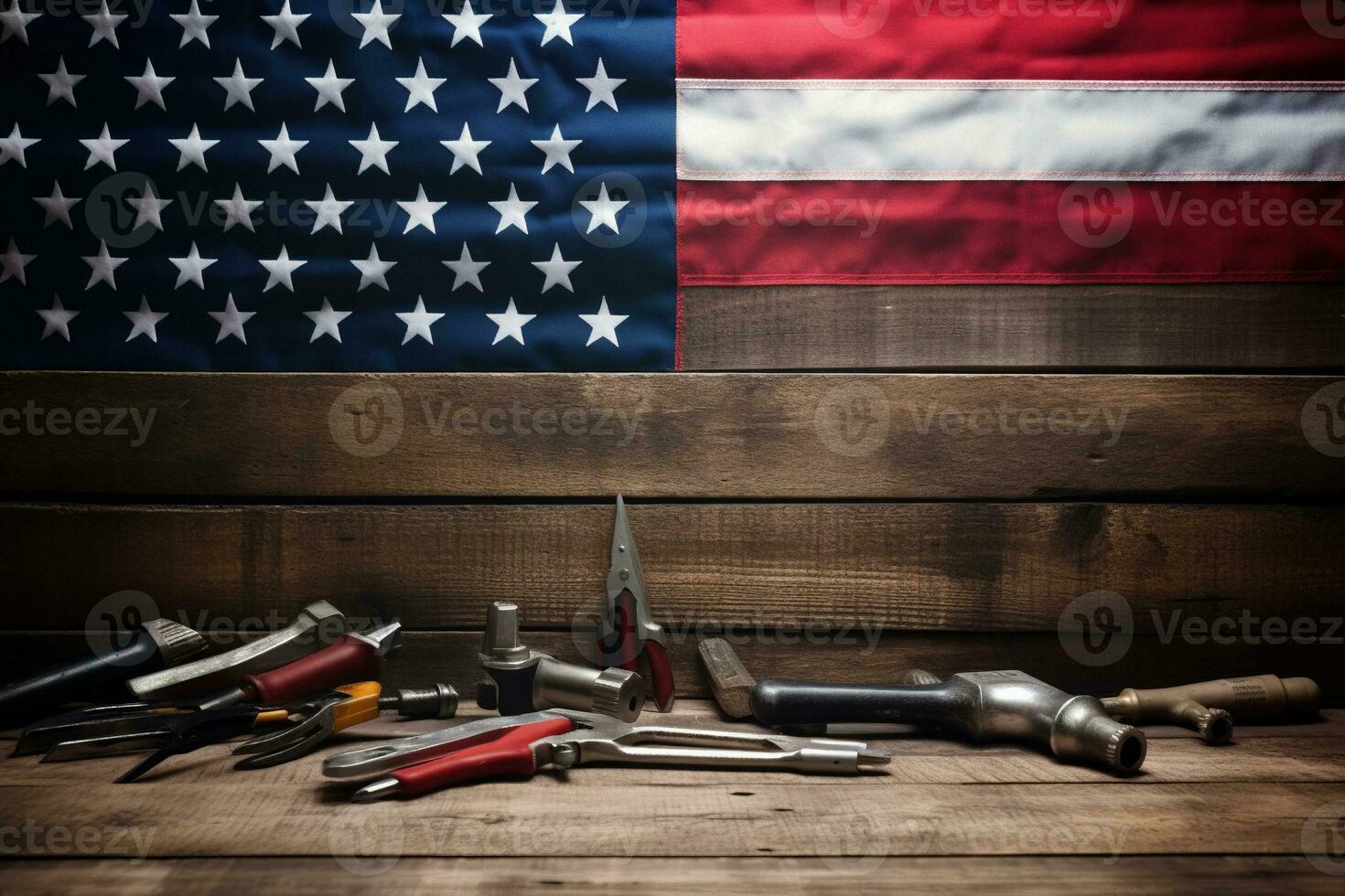 AI generated tools on a wooden table against the background of the American flag photo