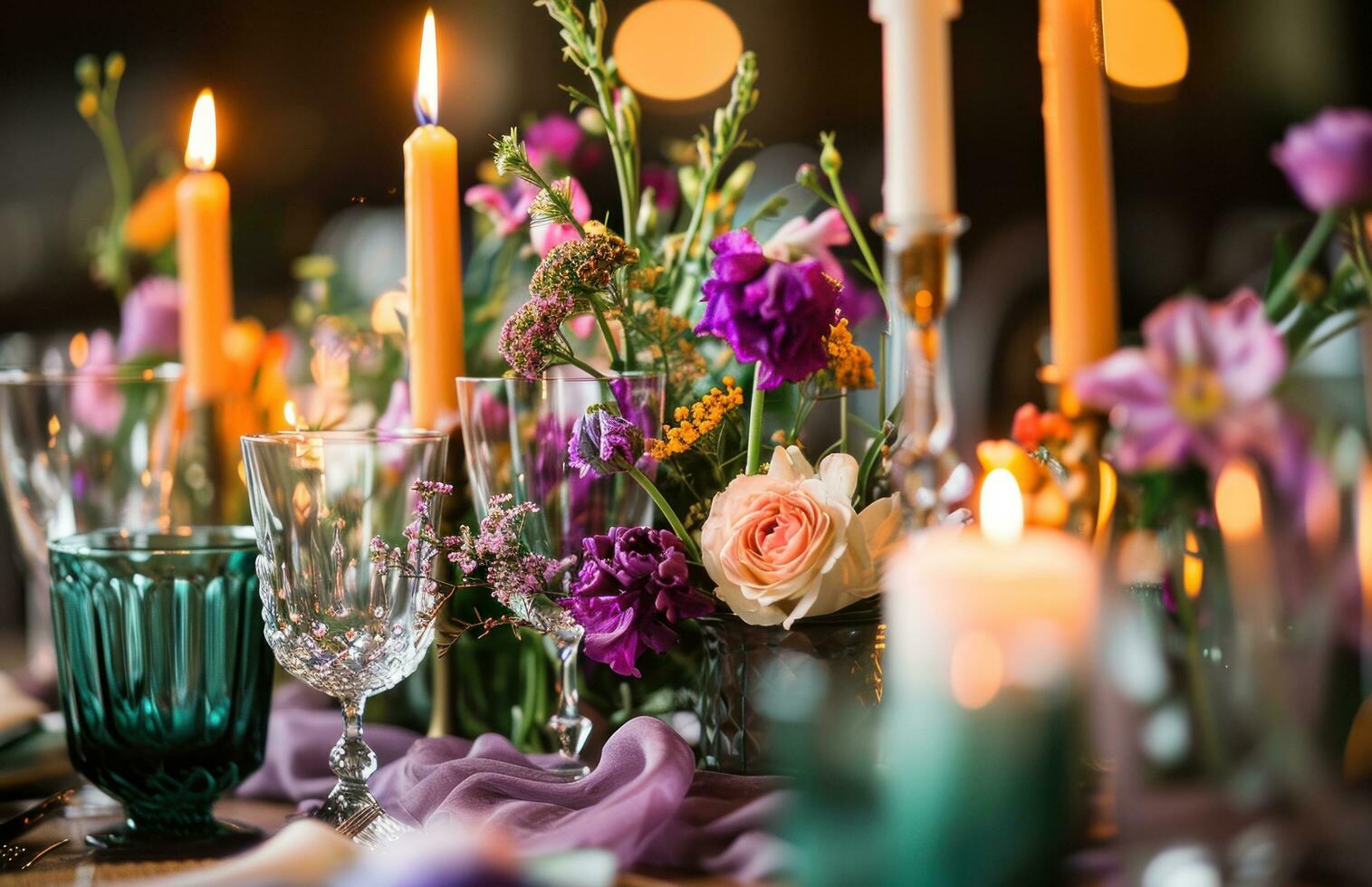 AI generated colorful wedding table settings with candles photo