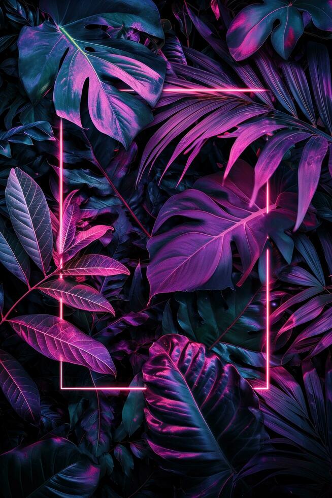 AI generated neon square frame background in tropical leaves photo