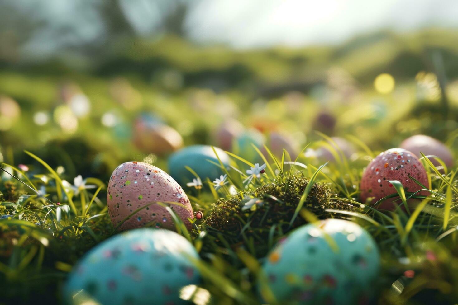 AI generated colorful easter eggs in a nest on a wooden table photo
