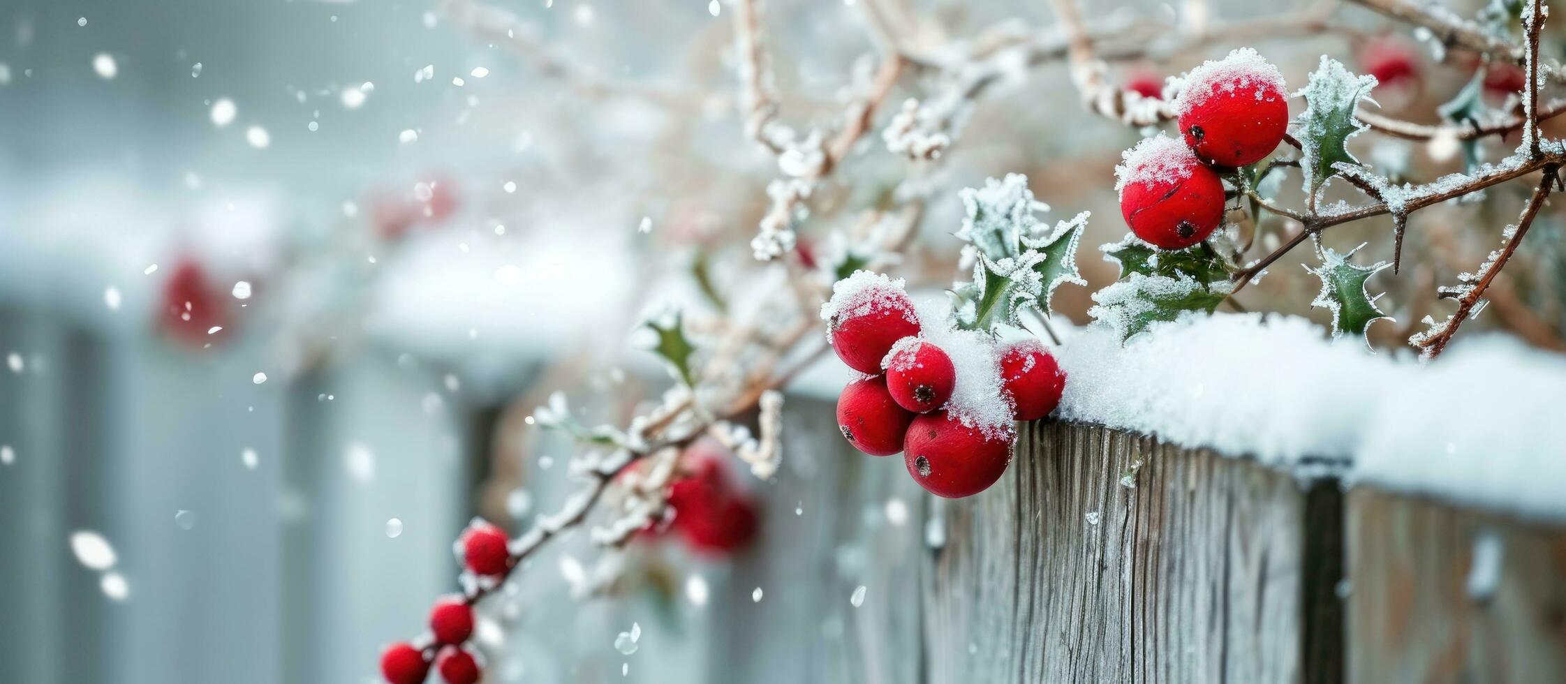 AI generated ornaments and holly branches on a wooden fence with snow and ice photo