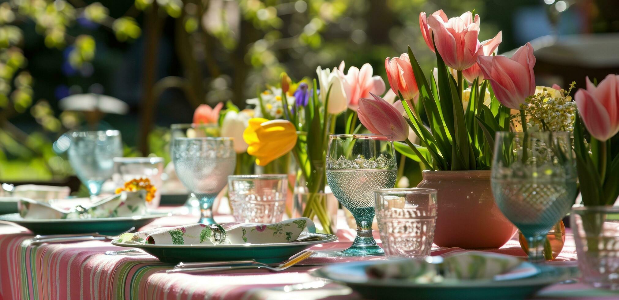 ai generado rosado mesa paños con tulipanes son en un mesa fuera de en luz de sol foto