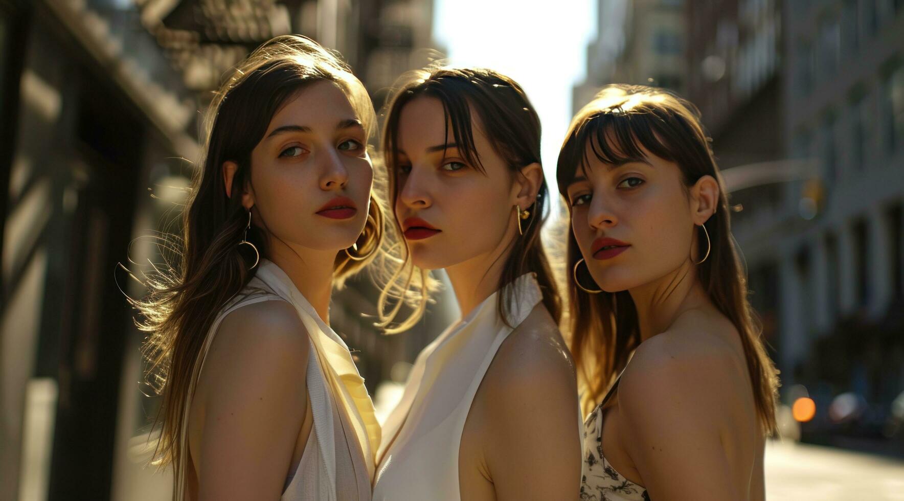 AI generated three brunette women posing in the street photo