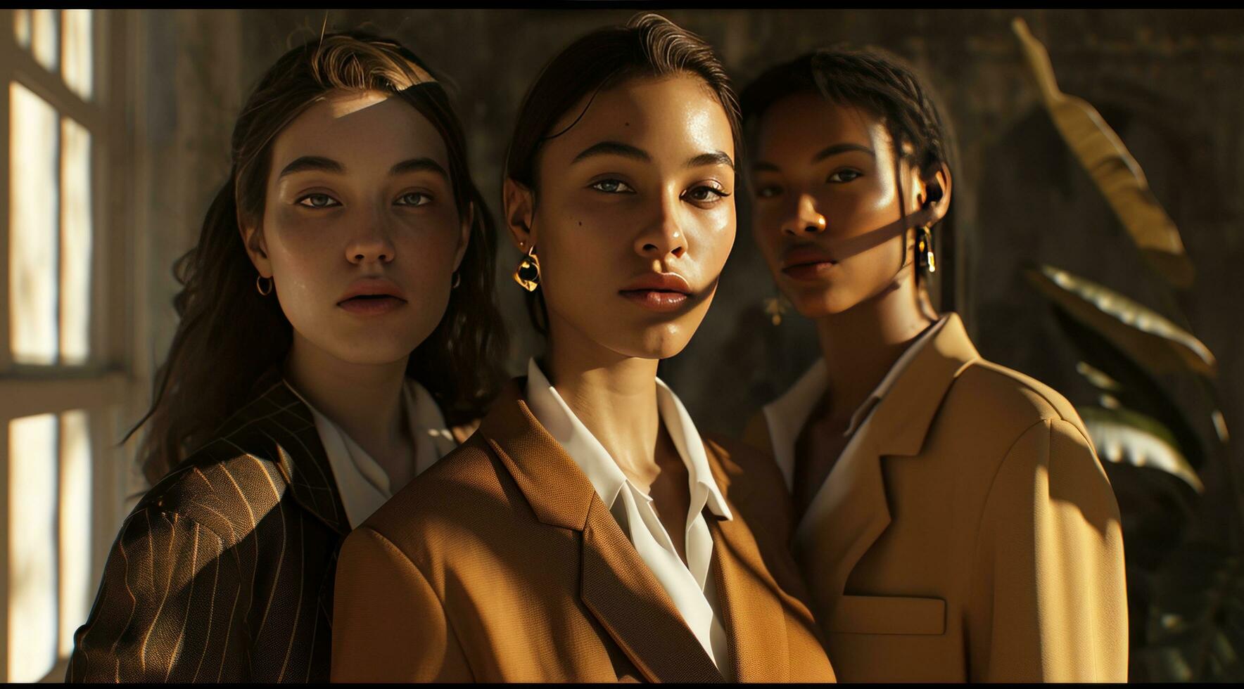 AI generated three females with brown suits look at the camera, photo