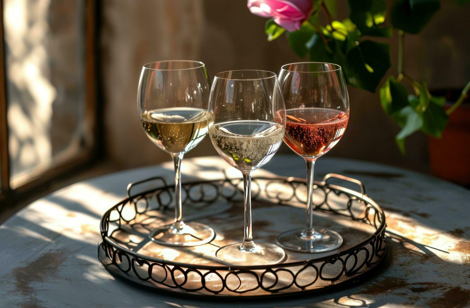 AI generated three french white wine glasses with two wrought iron finials on an antique tin tray photo