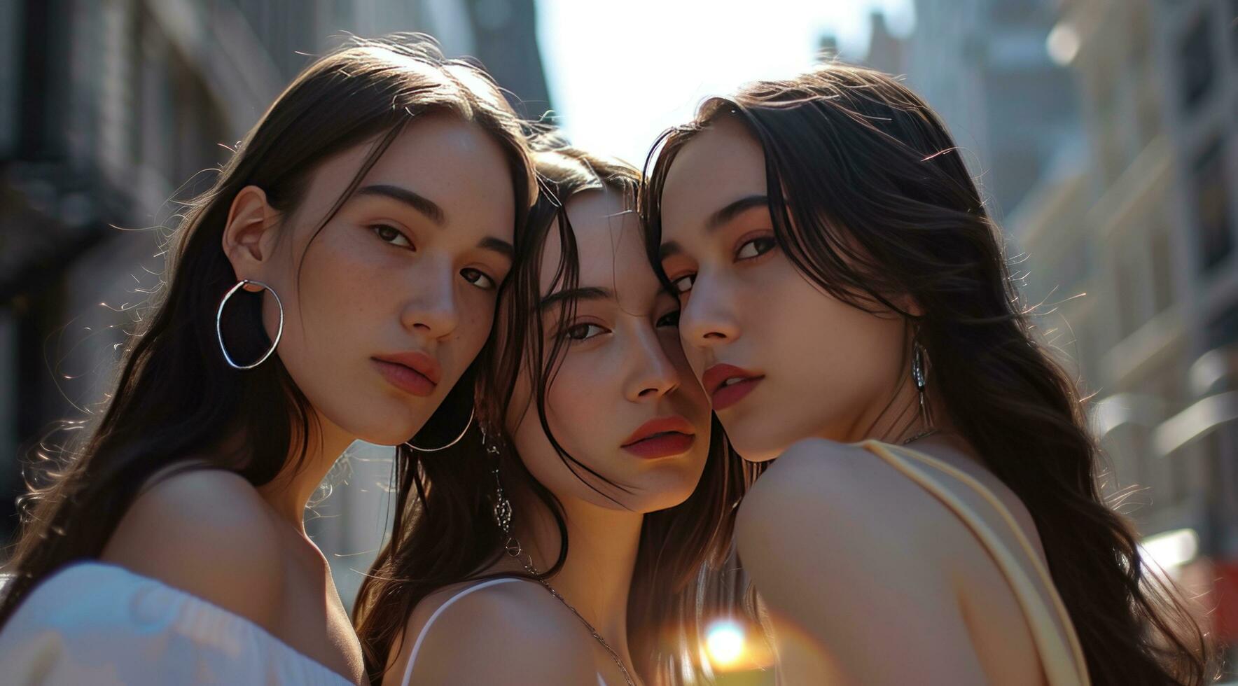 AI generated three brunette women posing in the street photo