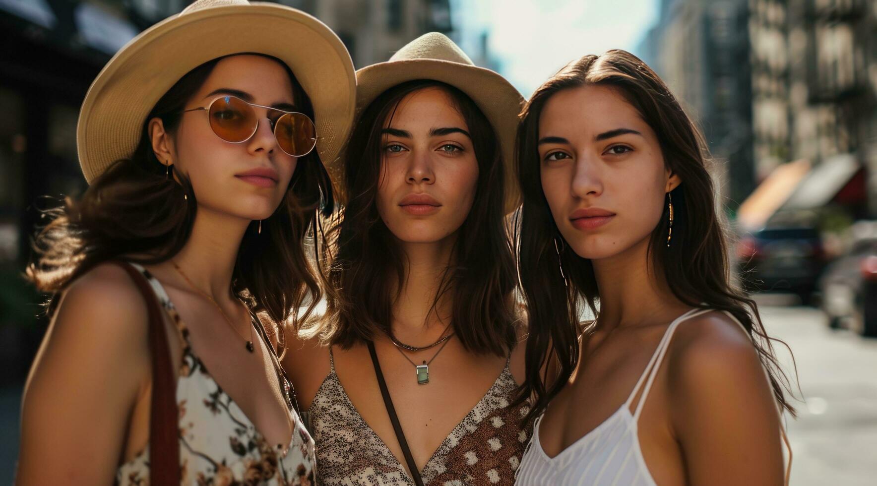 AI generated three brunette women posing in the street photo