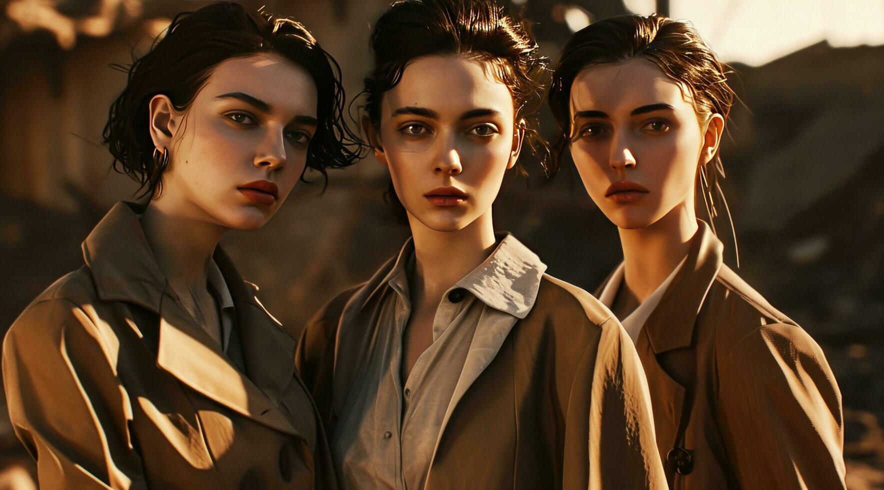 AI generated three females with brown suits look at the camera, photo