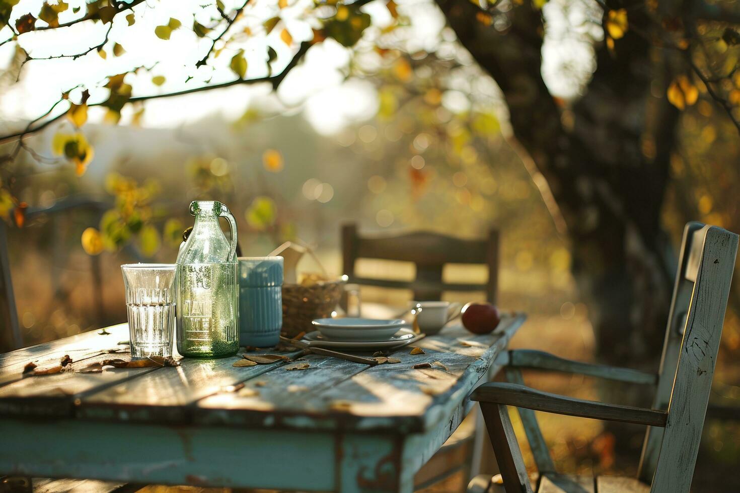 ai generado esta imagen muestra un de madera mesa, sillas y lentes al aire libre en el otoño foto