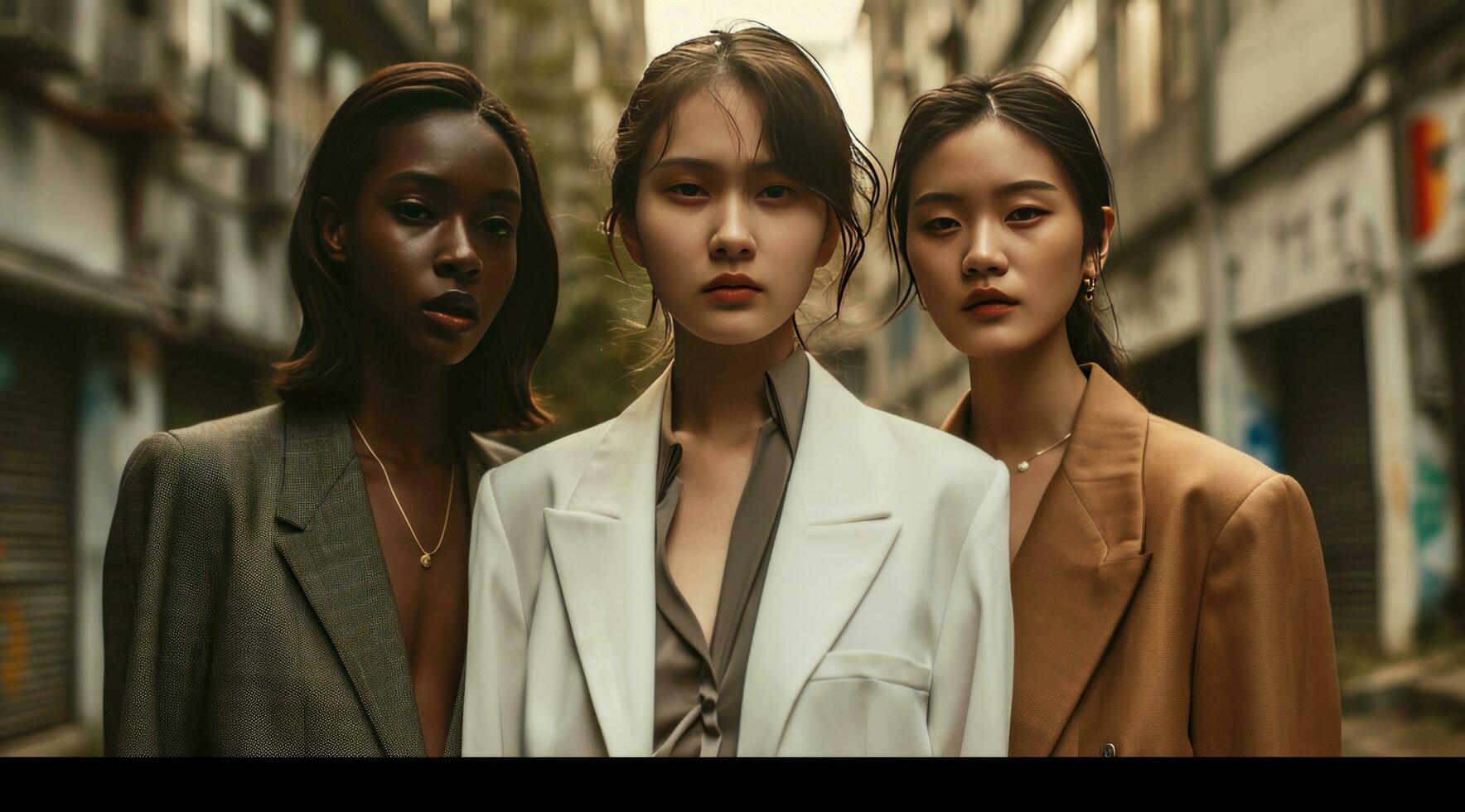 AI generated three women in suits in an urban street photo