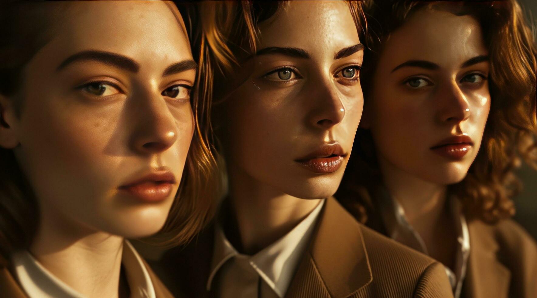 AI generated three females with brown suits look at the camera, photo