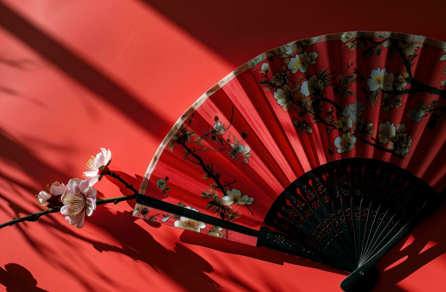 AI generated the paper fan with flowers on red background photo