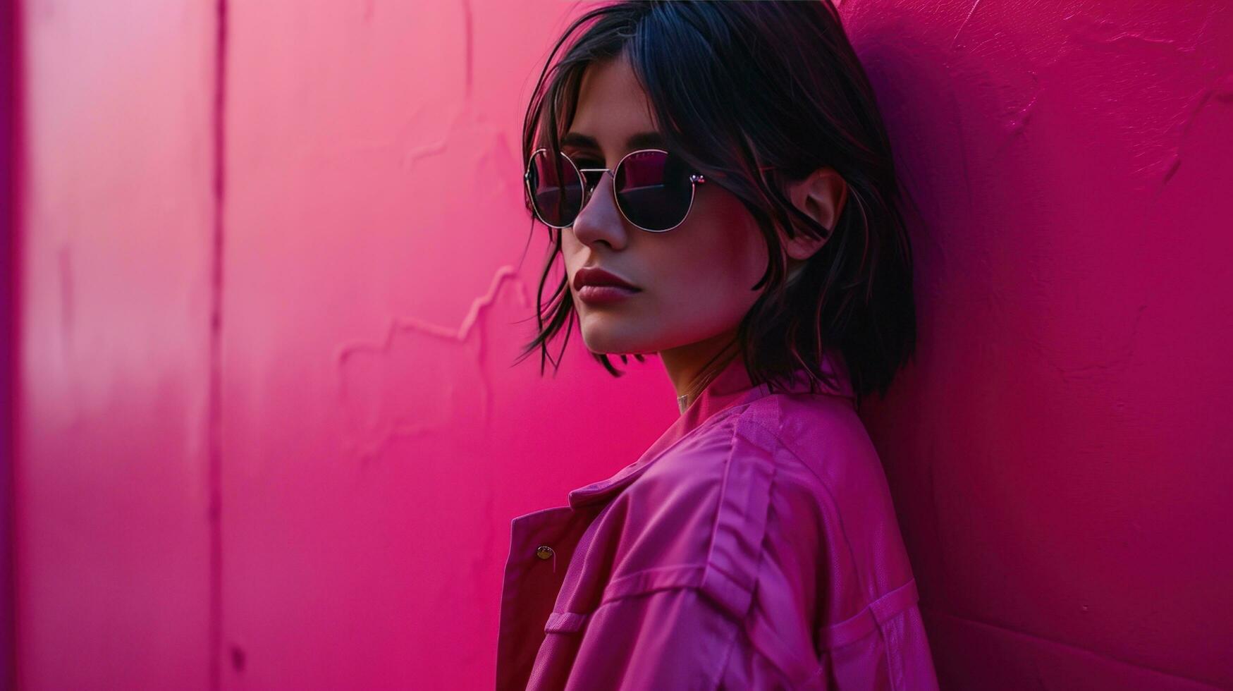 AI generated woman in a pink jacket and sunglasses and pink background photo