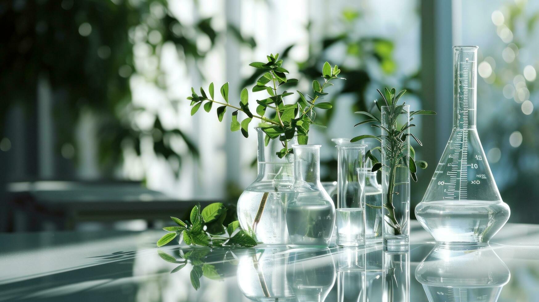 AI generated chemistry lab on glass counter with plant and liquid photo