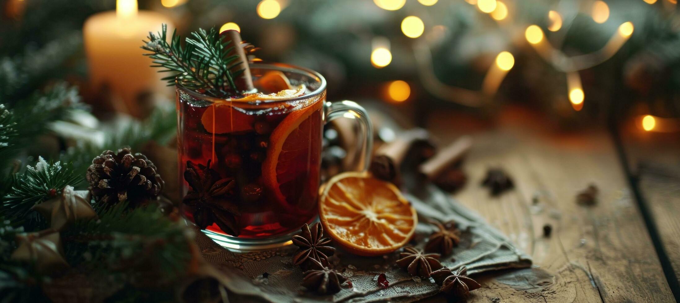 ai generado Navidad reflexionado vino con Navidad follaje en un de madera mesa y Navidad paño foto