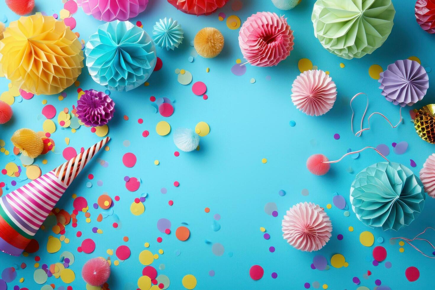 AI generated colorful birthday decorations on a blue background photo