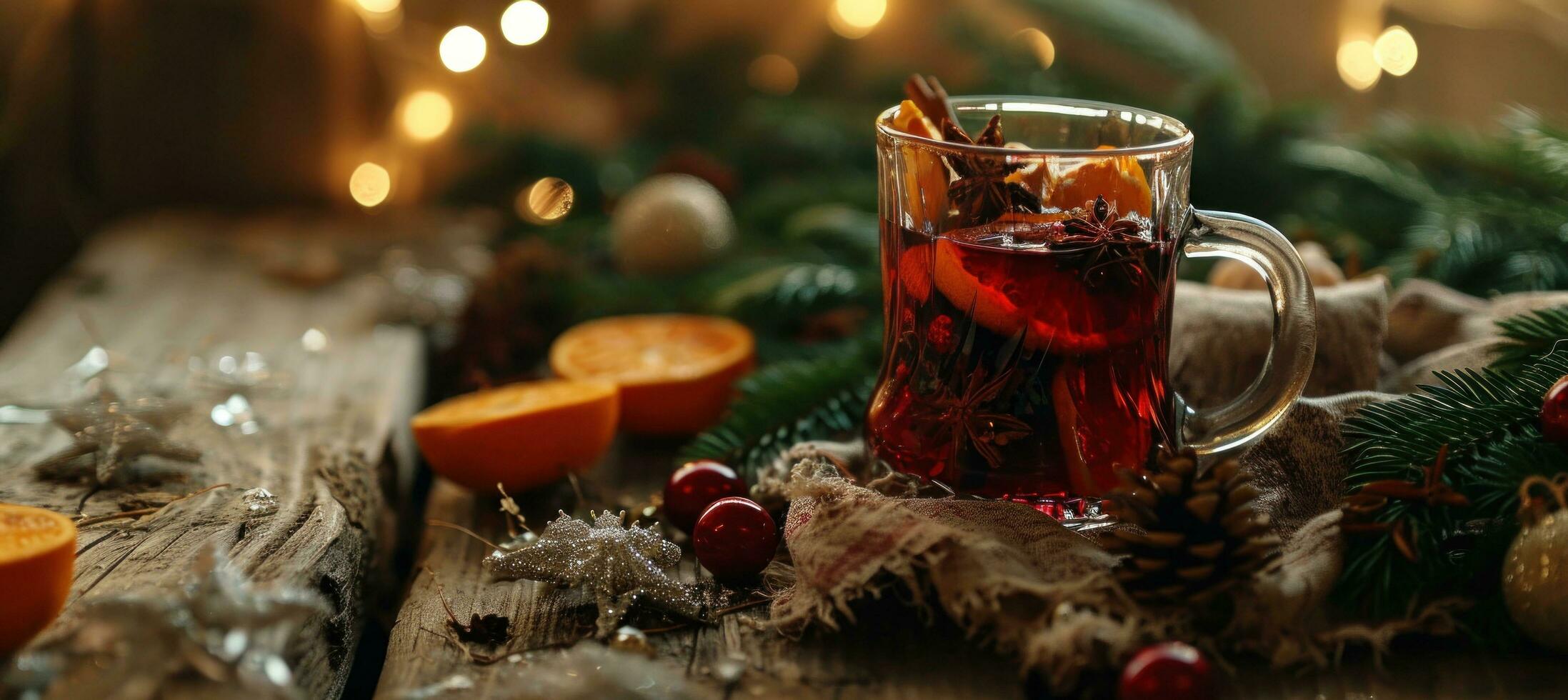 AI generated christmas mulled wine with christmas foliage on a wooden table and christmas cloth photo