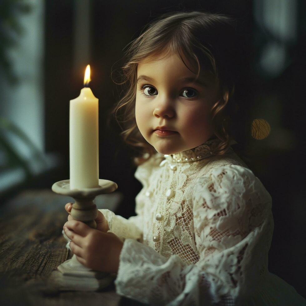 ai generado bautizo ceremonia invitación pequeño niña sentado siguiente a vela foto