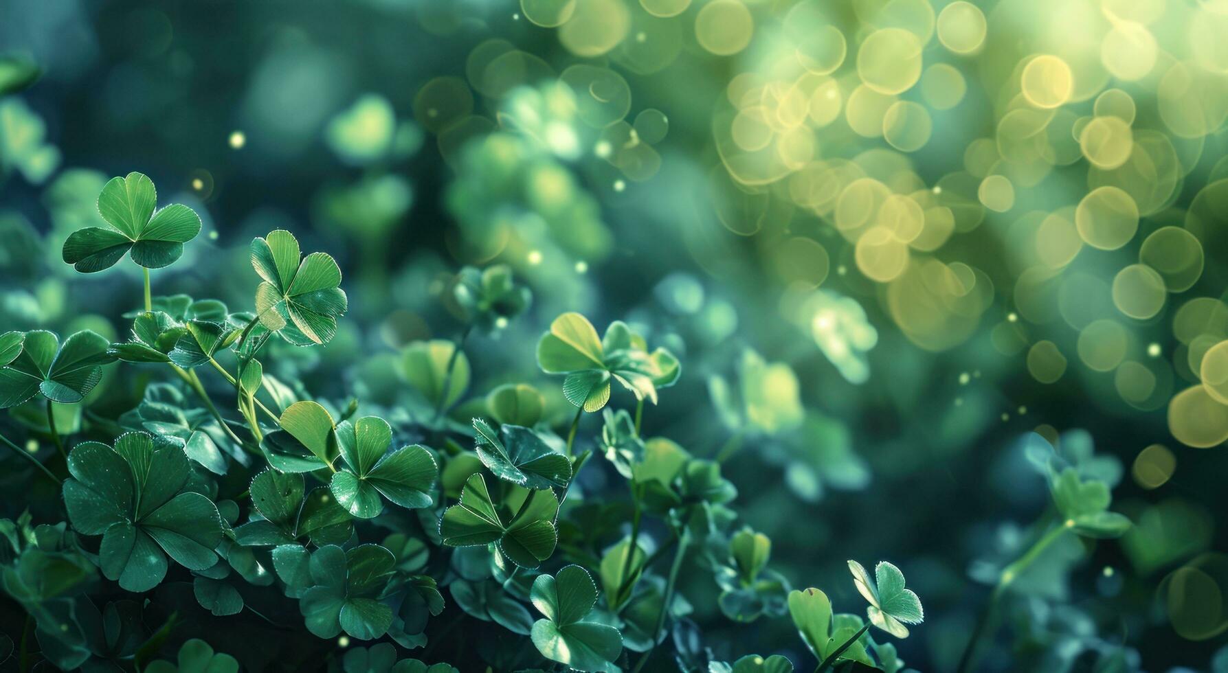 AI generated shamrock leaves on green background with bokeh photo