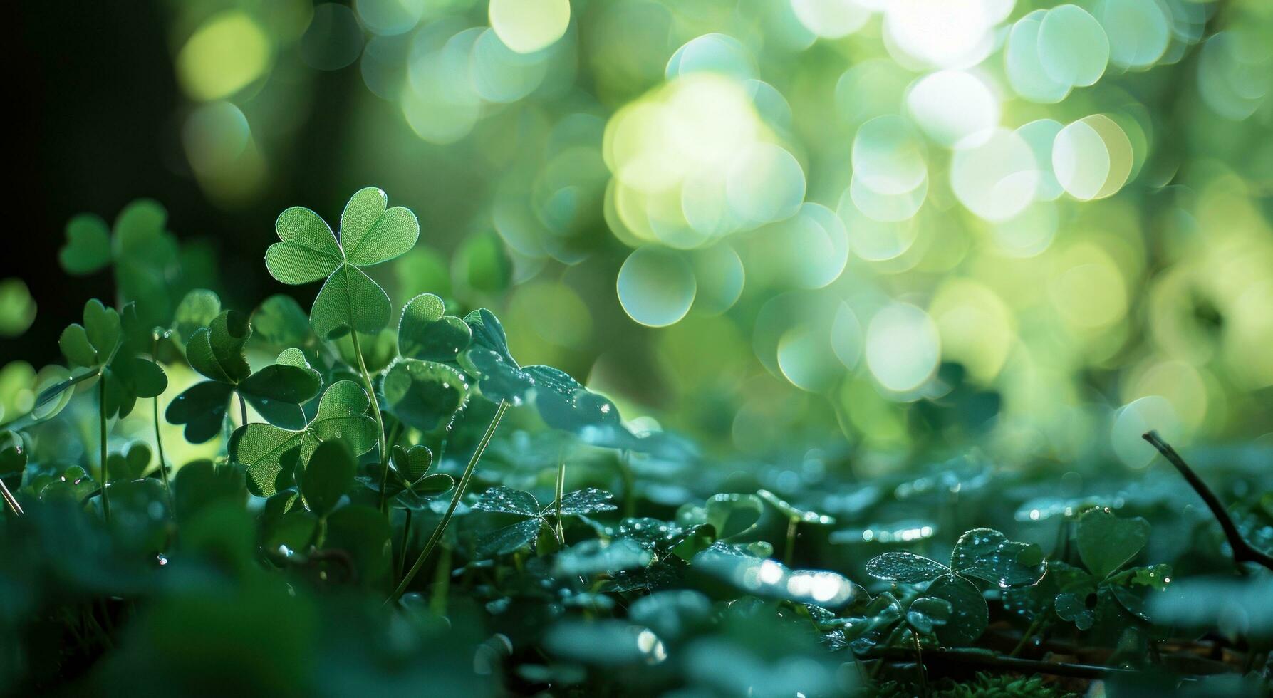 AI generated shamrock leaves on green background with bokeh photo