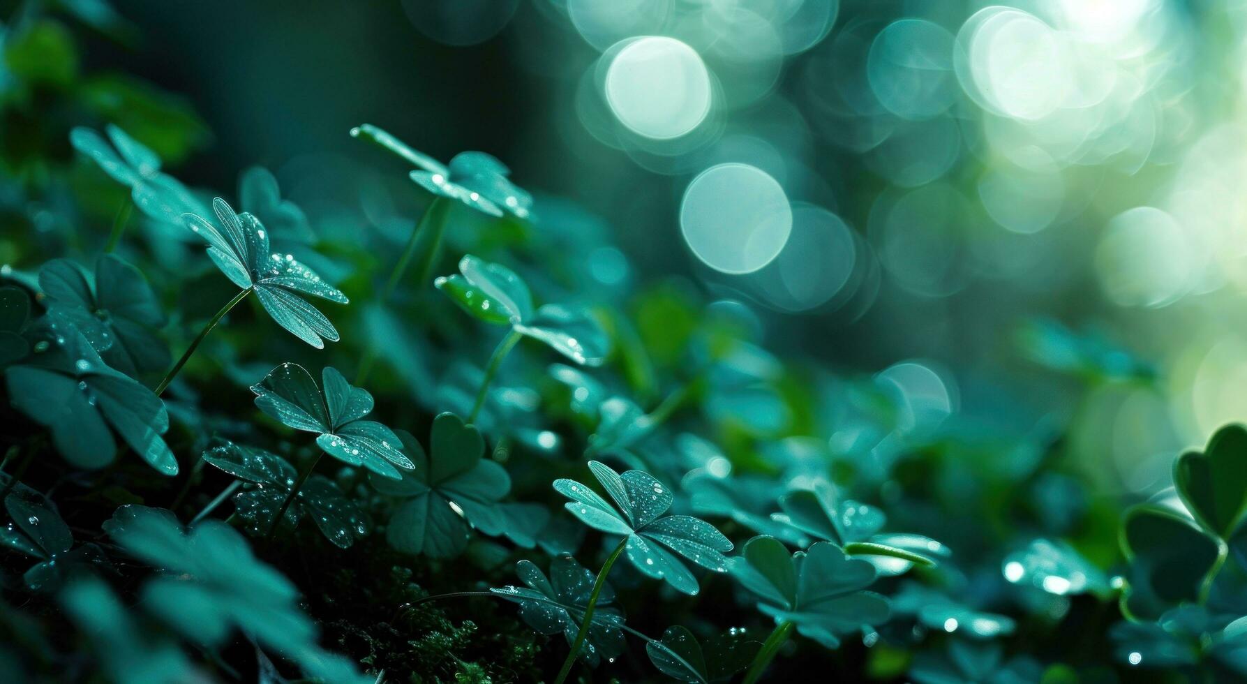 AI generated shamrock leaves on green background with bokeh photo