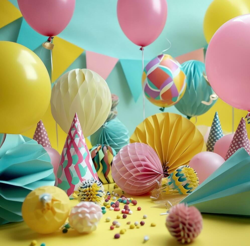 AI generated several balloons and candies are arranged in a circle on a yellow background photo