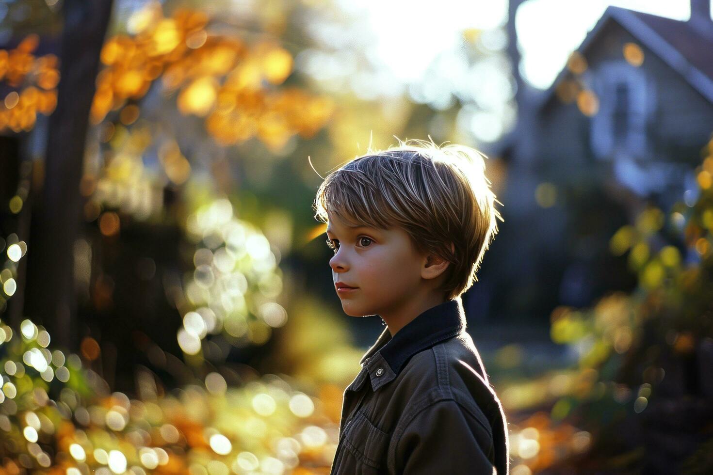 AI generated young boy standing in the yard boy photo