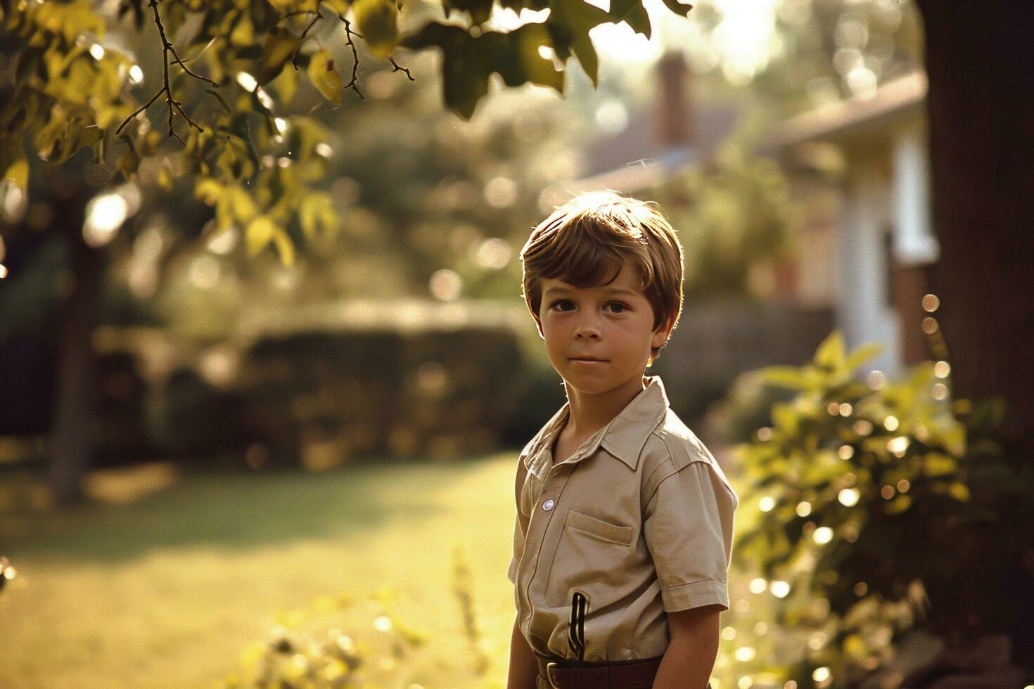 AI generated young boy standing in the yard boy photo